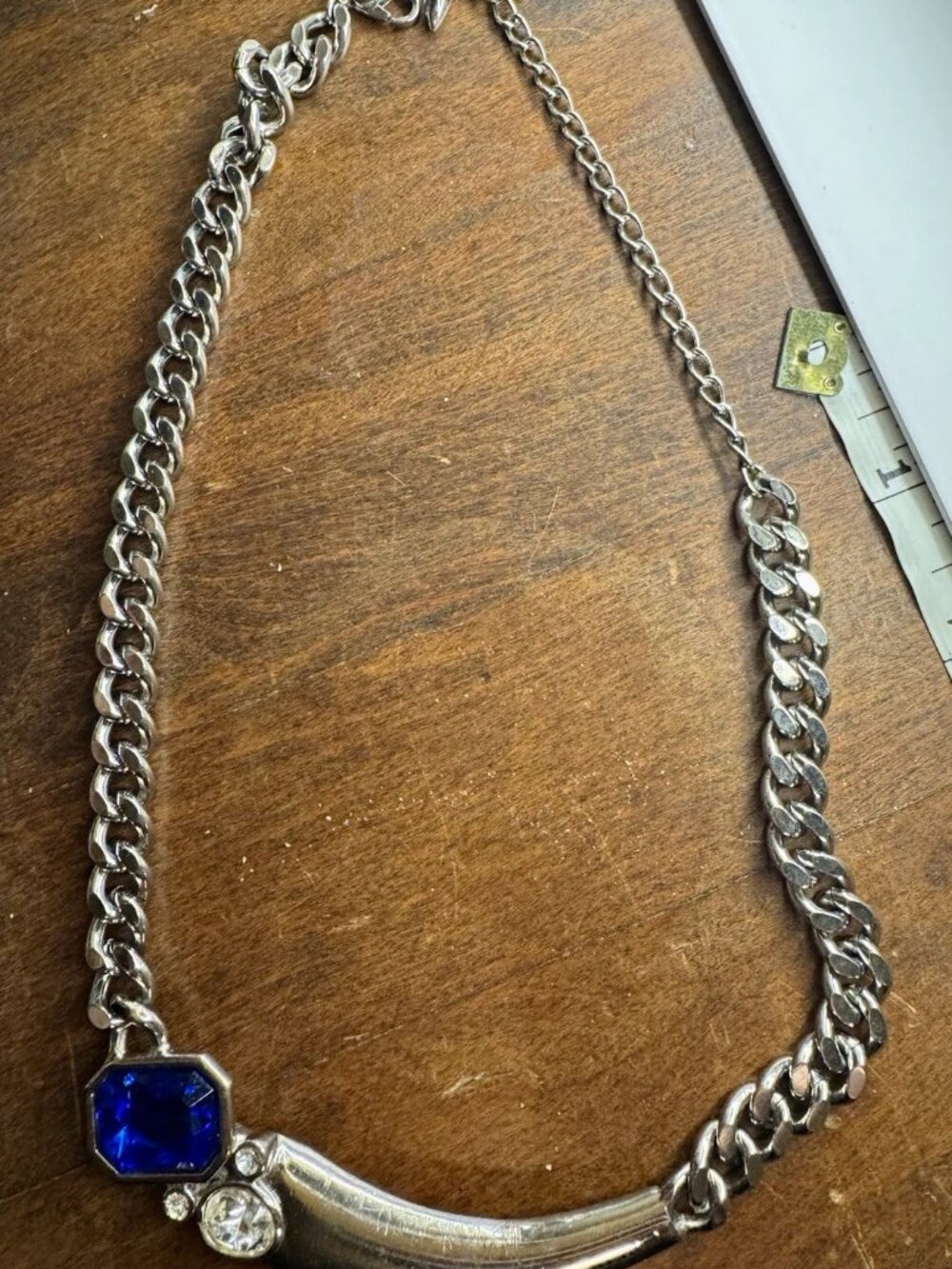 Vintage Park Lane Signed Silver Tone Cuban Curb Chain Blue Rhinestone Necklace